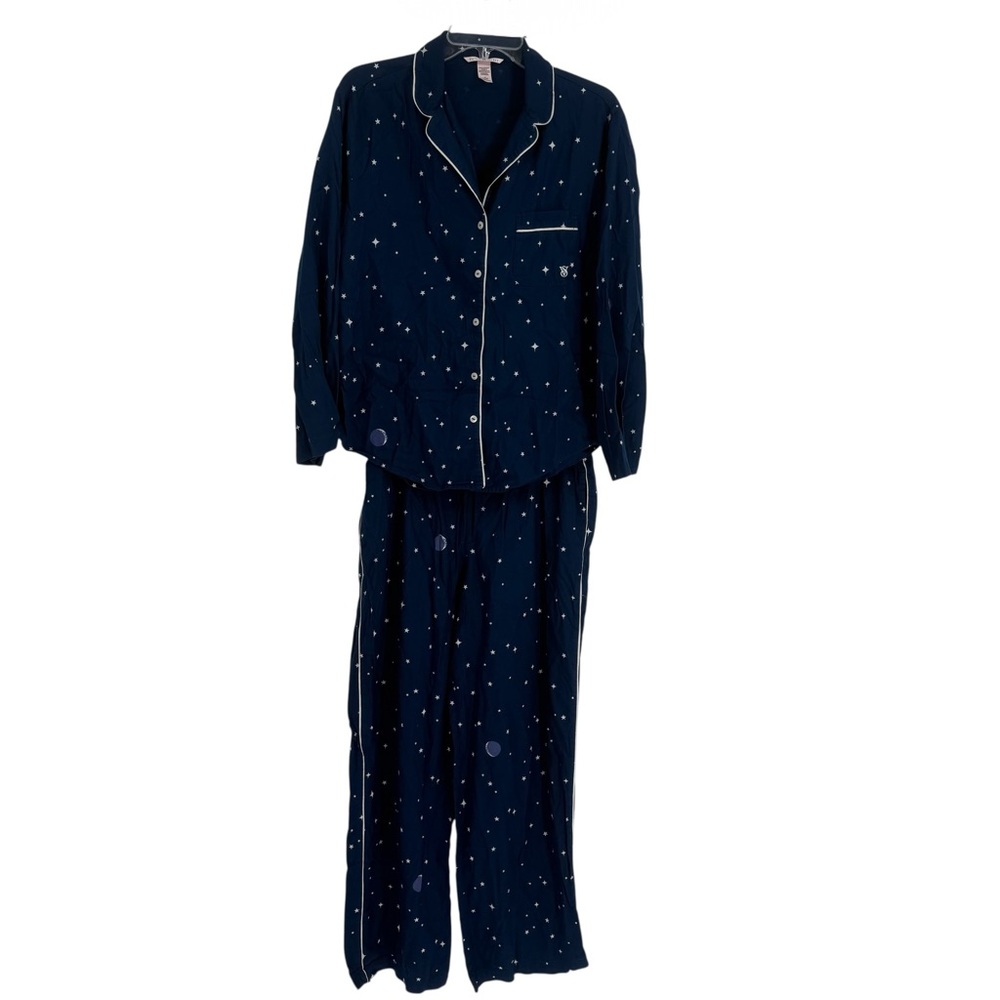 VICTORIA'S SECRET Star Moon PAJAMAS Size Medium Blue  COTTON Flannel 2-piece